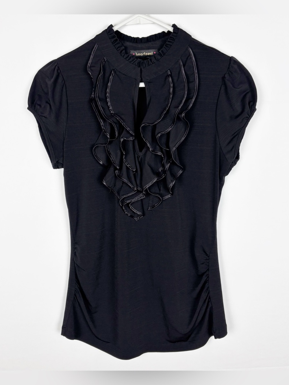 Heartsoul Top Size Large Black Satin Trim Ruffle Keyhole Y2K Whimsigoth
